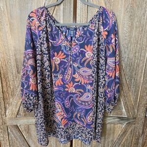 CHAPS Shirt Women's Size 2X Navy Blue Paisley Floral Tunic  3/4 Sleeve Sheer